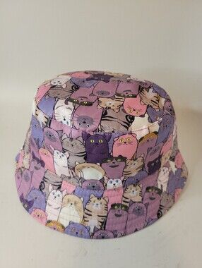 Cute Cat Print Bucket Hat in Purple and Pink
